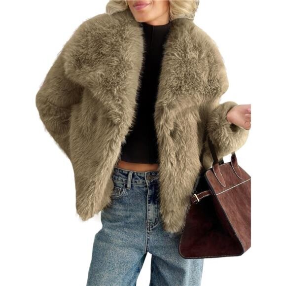Jackets & Blazers - Womens Faux Fur Coat Lapel Open Front Fluffy Shaggy Jacket Khaki